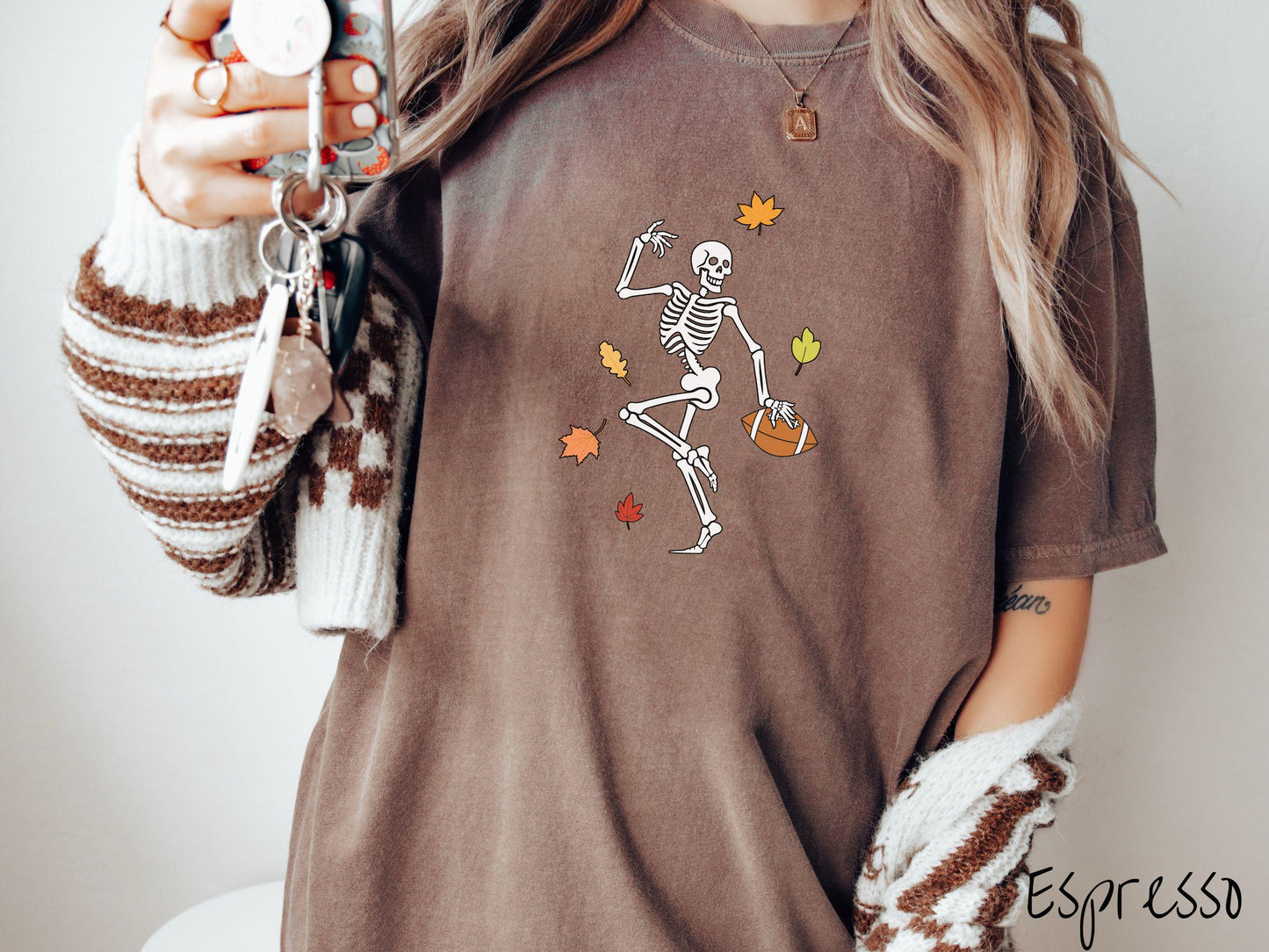 The Football Skeleton Comfort Colors Shirt, Gameday Football Tee, Spooky Football Autumn Shirt, Fall Leaves Skeleton, Halloween Football