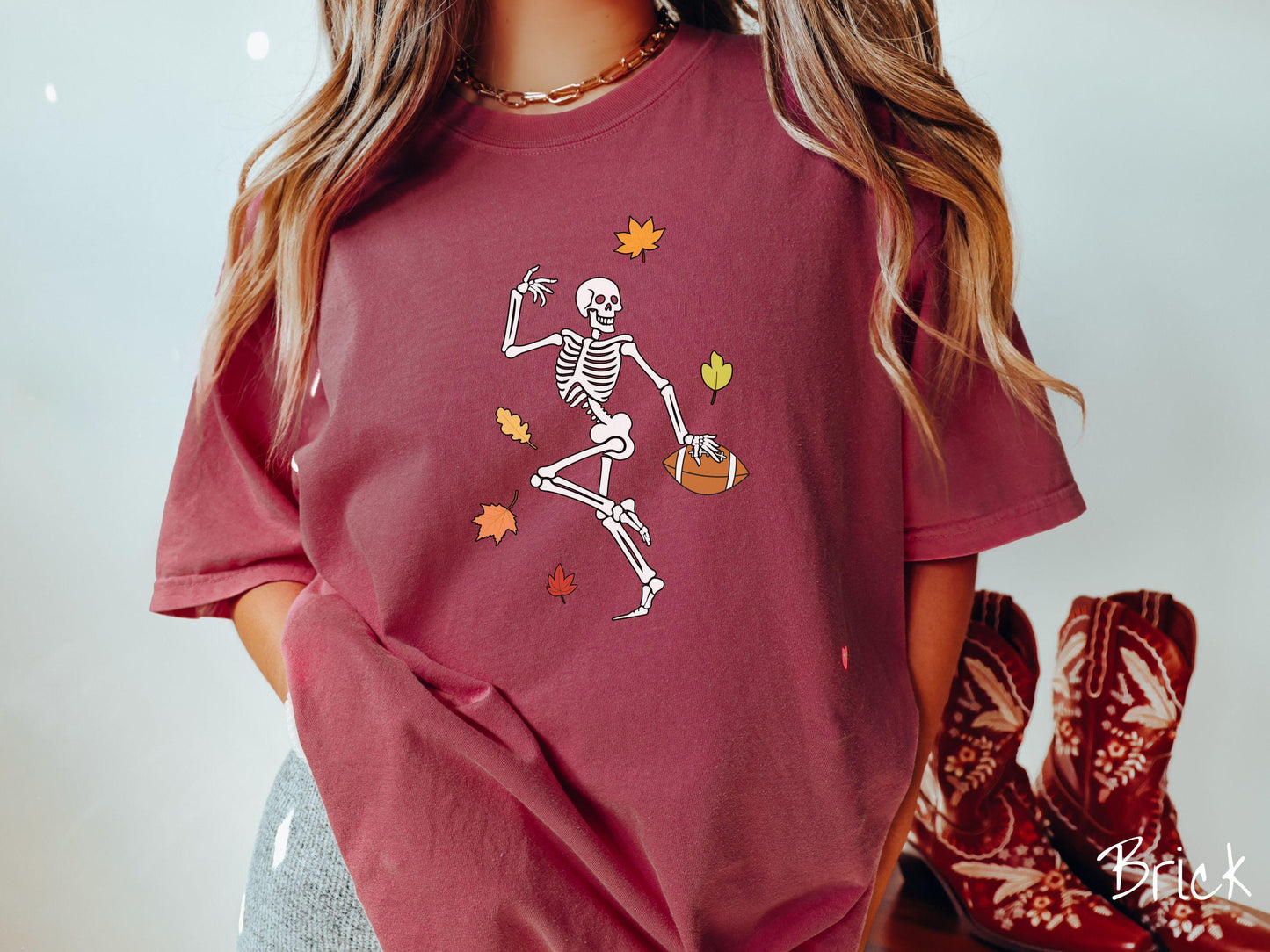 The Football Skeleton Comfort Colors Shirt, Gameday Football Tee, Spooky Football Autumn Shirt, Fall Leaves Skeleton, Halloween Football