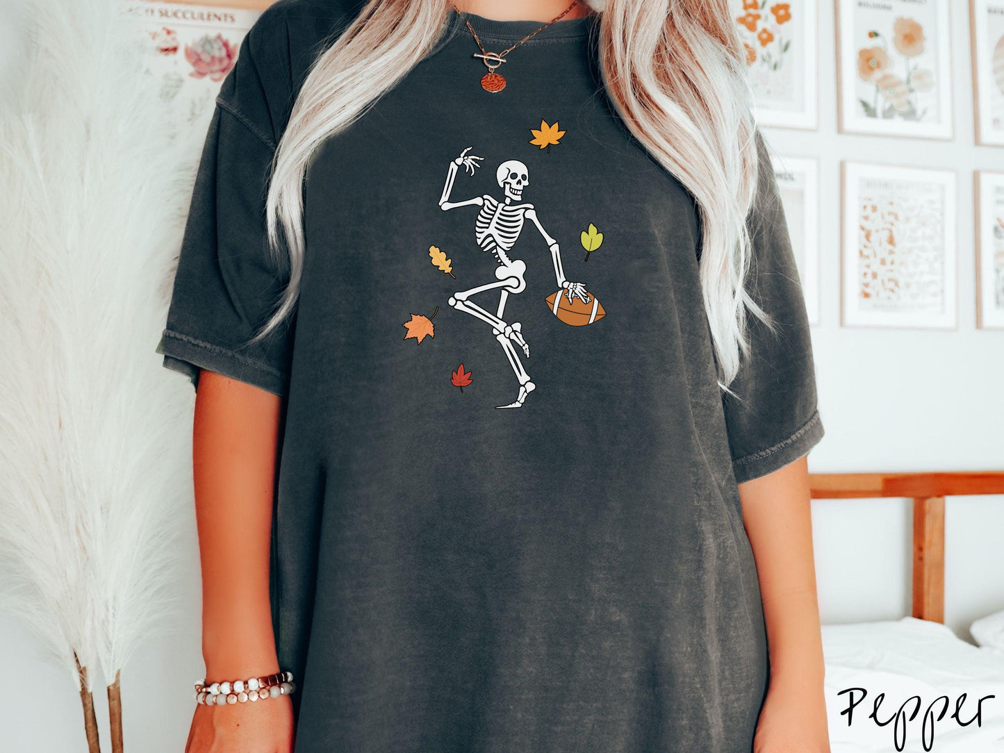 The Football Skeleton Comfort Colors Shirt, Gameday Football Tee, Spooky Football Autumn Shirt, Fall Leaves Skeleton, Halloween Football