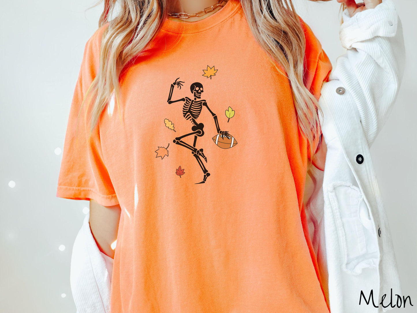 The Football Skeleton Comfort Colors Shirt, Gameday Football Tee, Spooky Football Autumn Shirt, Fall Leaves Skeleton, Halloween Football
