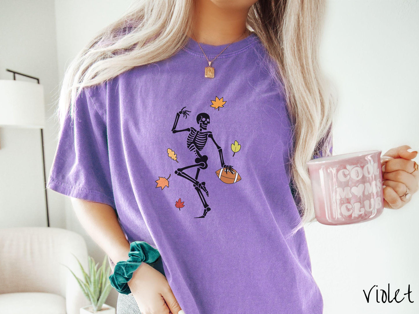 The Football Skeleton Comfort Colors Shirt, Gameday Football Tee, Spooky Football Autumn Shirt, Fall Leaves Skeleton, Halloween Football