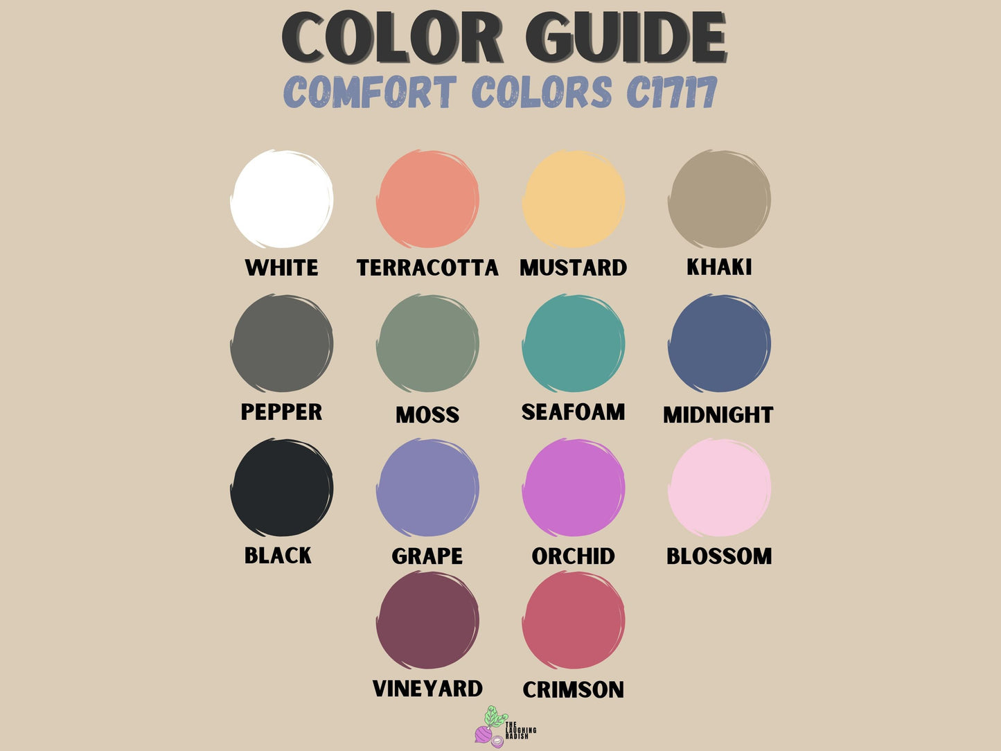 A color guide matching colors with shirt text options including mustard, pepper, bay, seafoam, crunchberry, and crimson