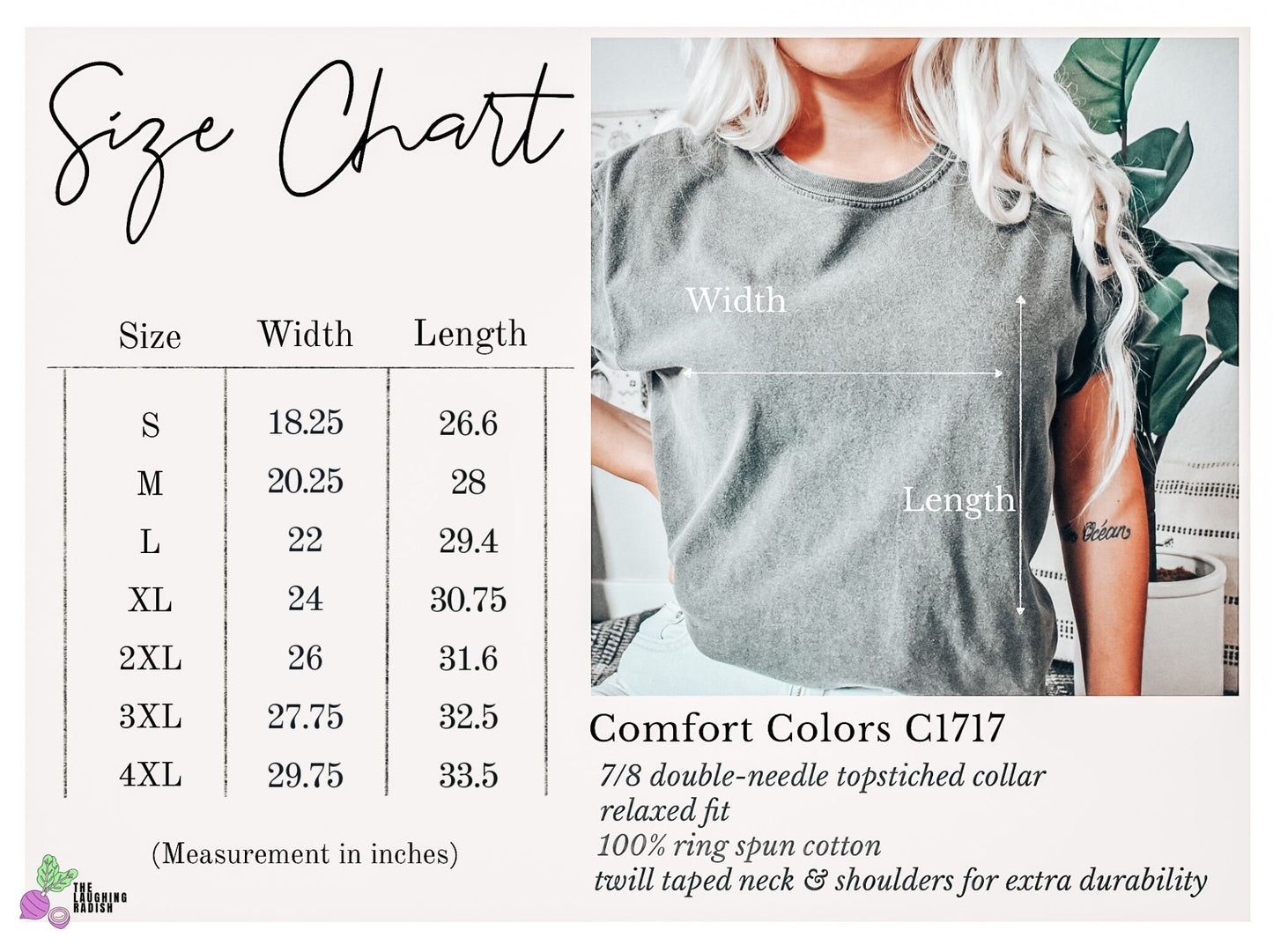 A size chart showing a model with the length and width of a shirt as reference for a potential buyer to estimate the right fit.