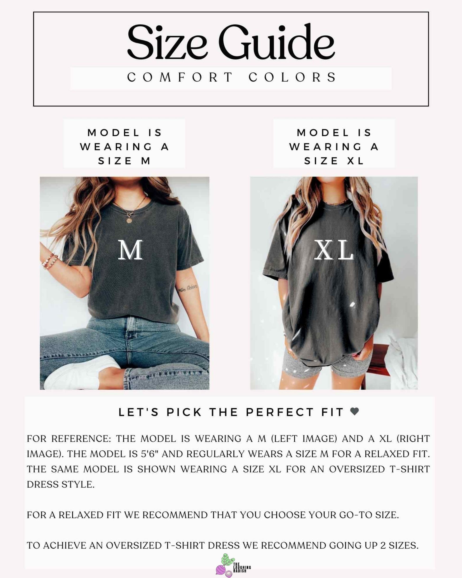 A size guide for comfort colors showing a model wearing different sizes of shirts for consumer reference. The model is 5'6" and regularly wears a size medium for a relaxed fit.