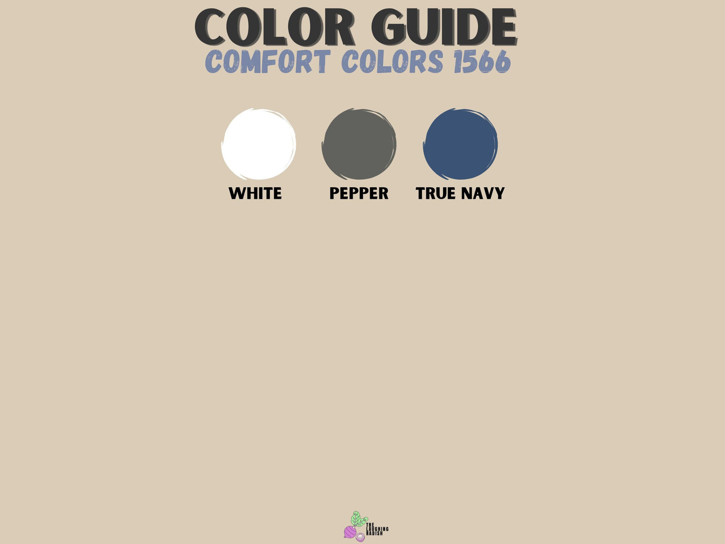 A color guide matching colors with shirt text options including white, pepper, and true navy.