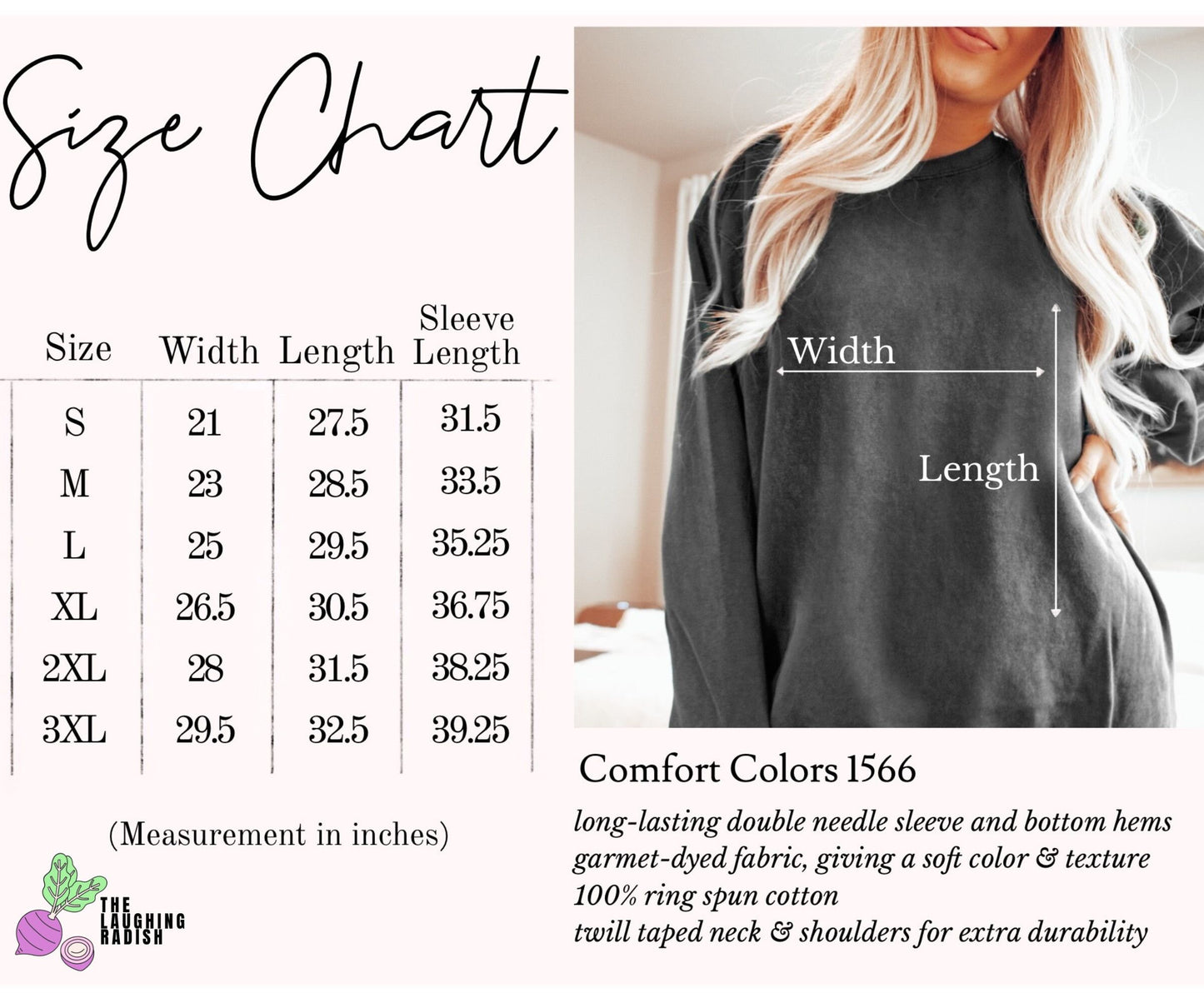 A size chart showing a model with the length and width of a shirt as reference for a potential buyer to estimate the right fit.