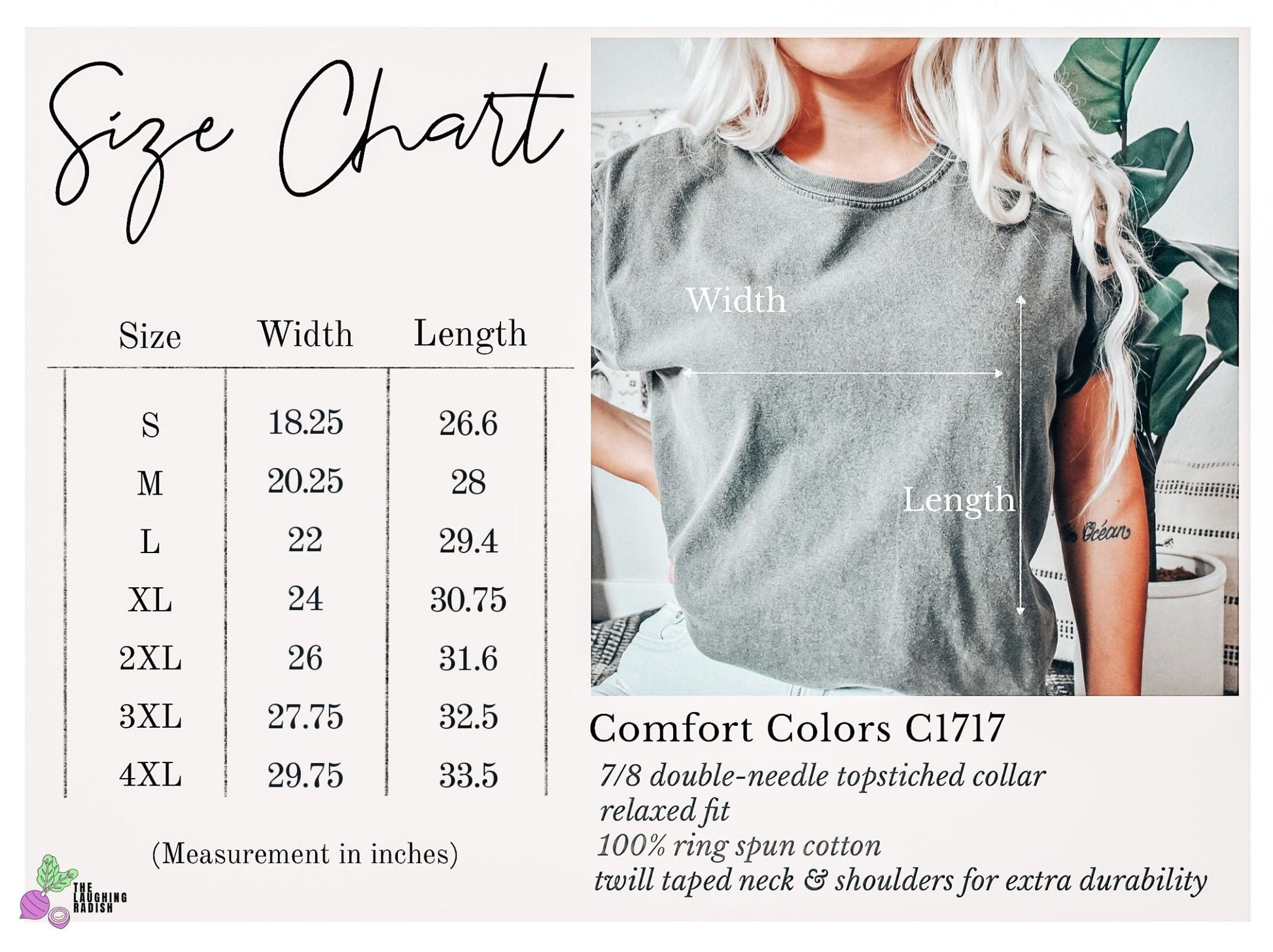 A size chart showing a model with the length and width of a shirt as reference for a potential buyer to estimate the right fit.