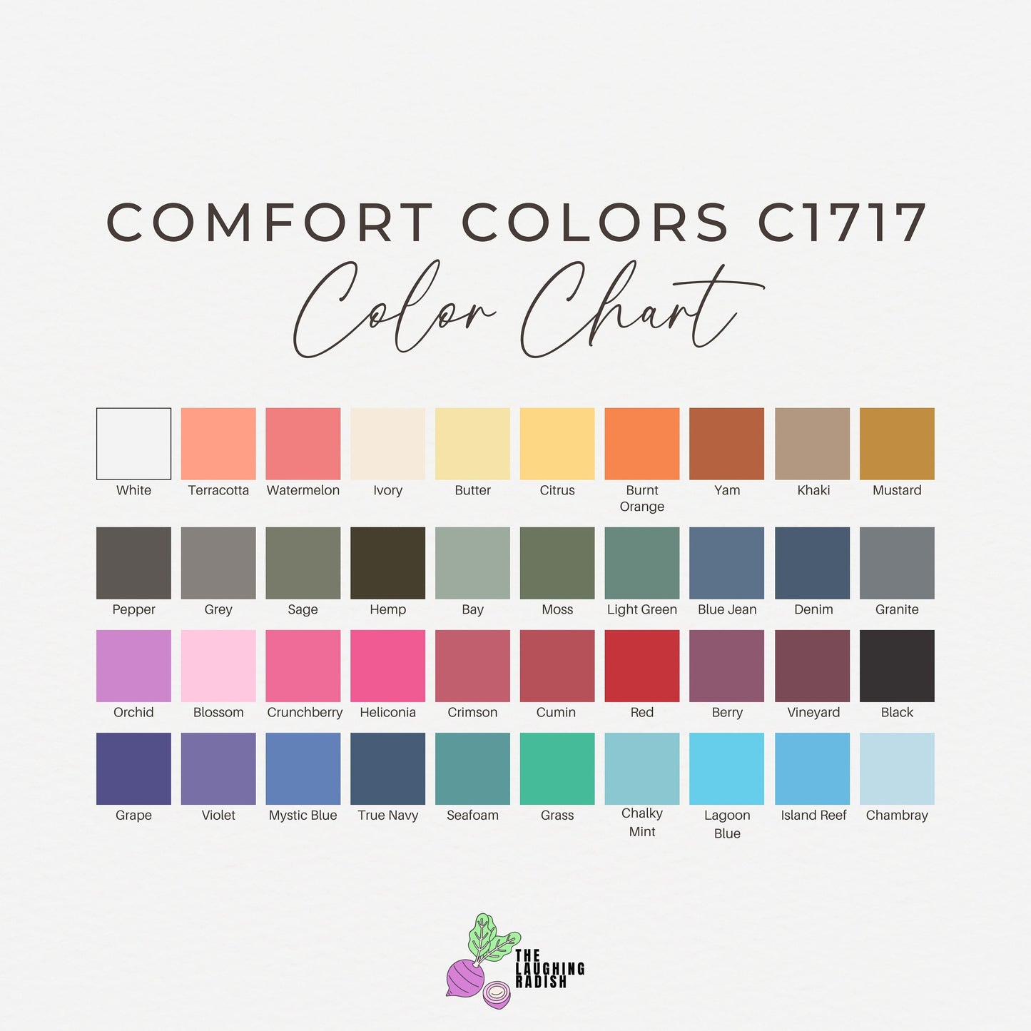 A color guide matching colors with shirt text options including mustard, pepper, bay, seafoam, crunchberry, and crimson.