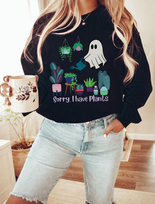 Sorry I Have Plants Sweatshirt, Halloween Plant Shirt, Plant Lover Gift, Autumn Plant Parent Sweater, Ghost Watering Plants Tee