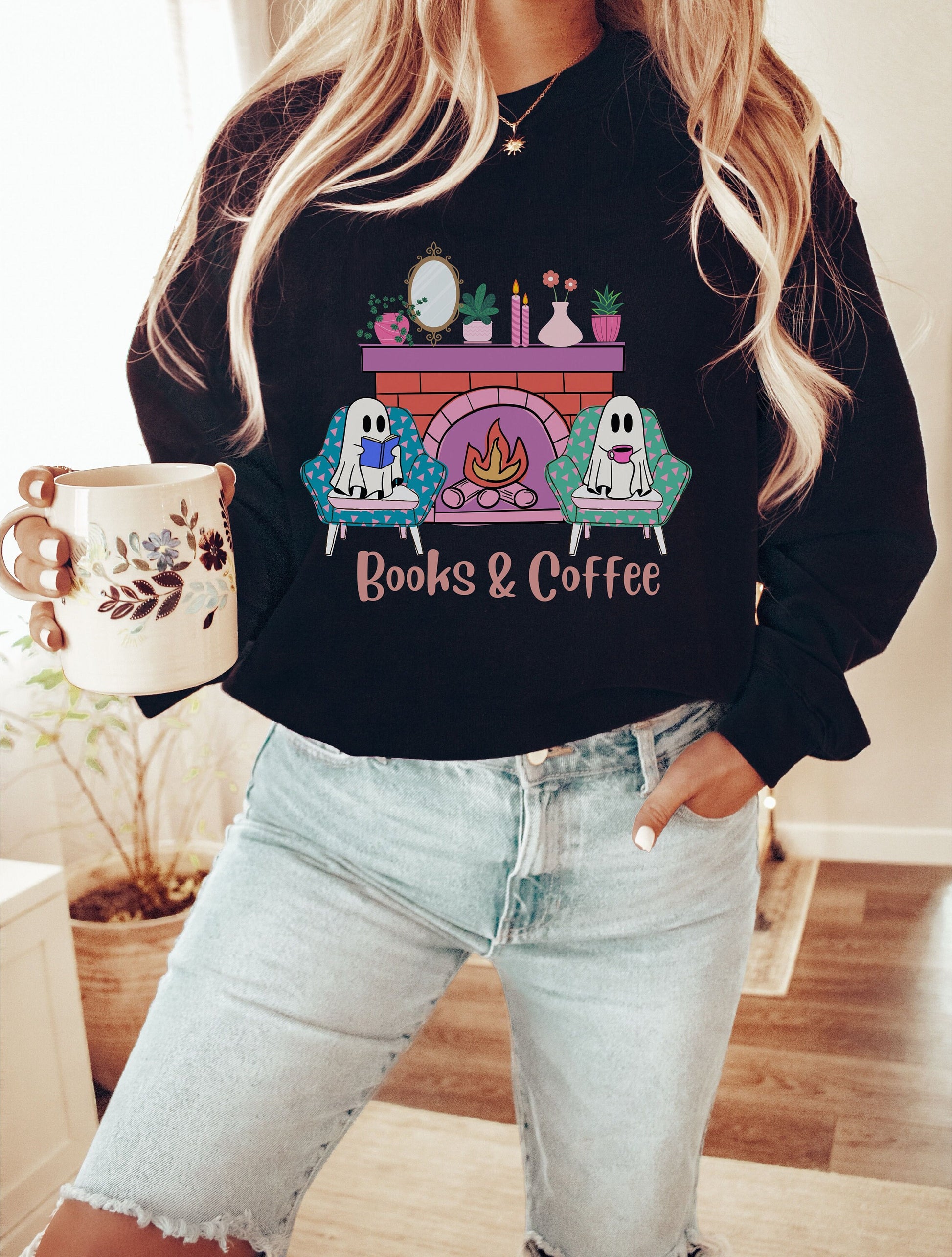 Ghosts Sitting by the Fireplace Sweatshirt, Reading Ghost Tee, Ghost Drinking Coffee Sweater, Cozy Halloween Gift, Autumn T-Shirt