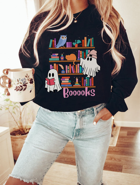 Ghost Books Sweatshirt, Halloween Bookish Shirt, Cozy Ghost Scene, Reading Books Tee, Bookshelf Sweater, Aesthetic Halloween, Booooks Tee