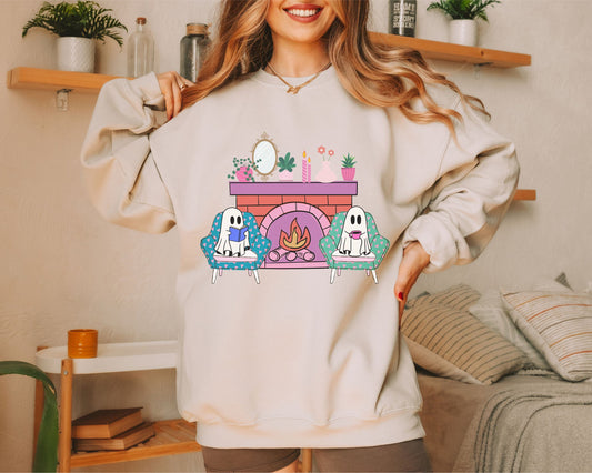 Ghosts Sitting by the Fireplace Sweatshirt, Reading Ghost Tee, Ghost Drinking Coffee Sweater, Halloween Gift, Autumn T-Shirt