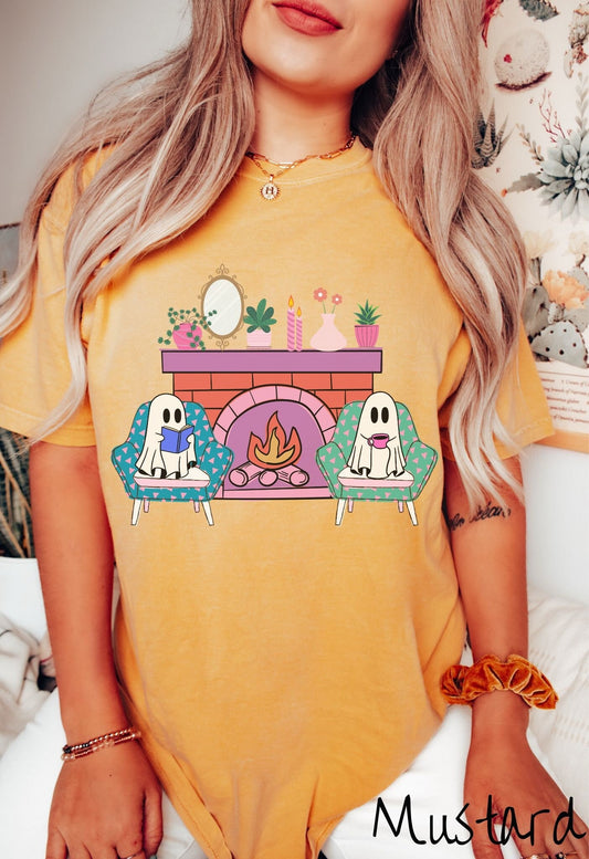 Comfort Colors Shirt, Ghosts Sitting by the Fire, Ghost Drinking Coffee Shirt, Ghost Book Tee, Bookish Spooky Gift, Ghost Halloween Shirt