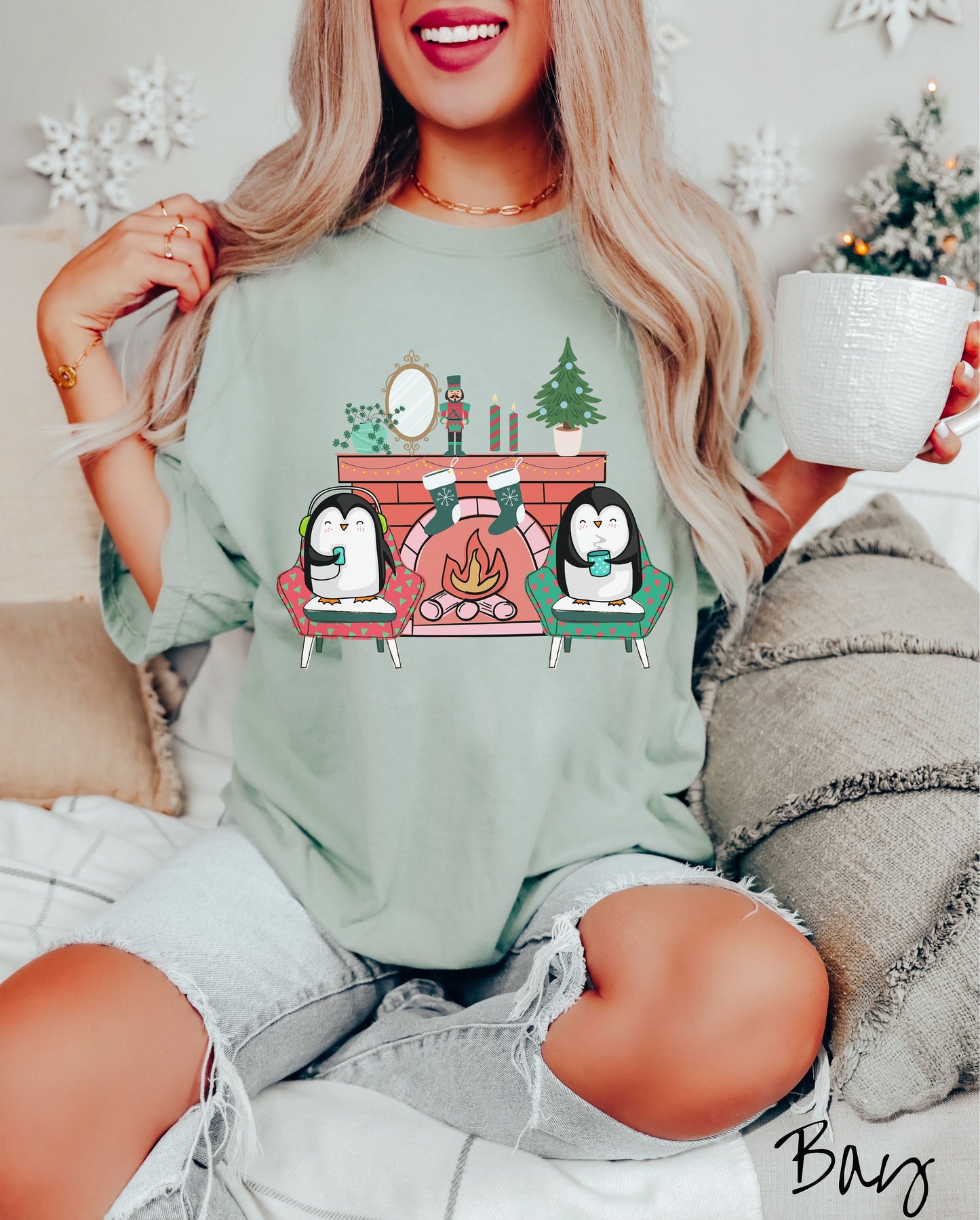 Comfort Colors Shirt, Christmas Penguins Tee, Cozy Fireplace, Christmas Coffee, Holiday Stockings, Cute Christmas, Cozy Christmas