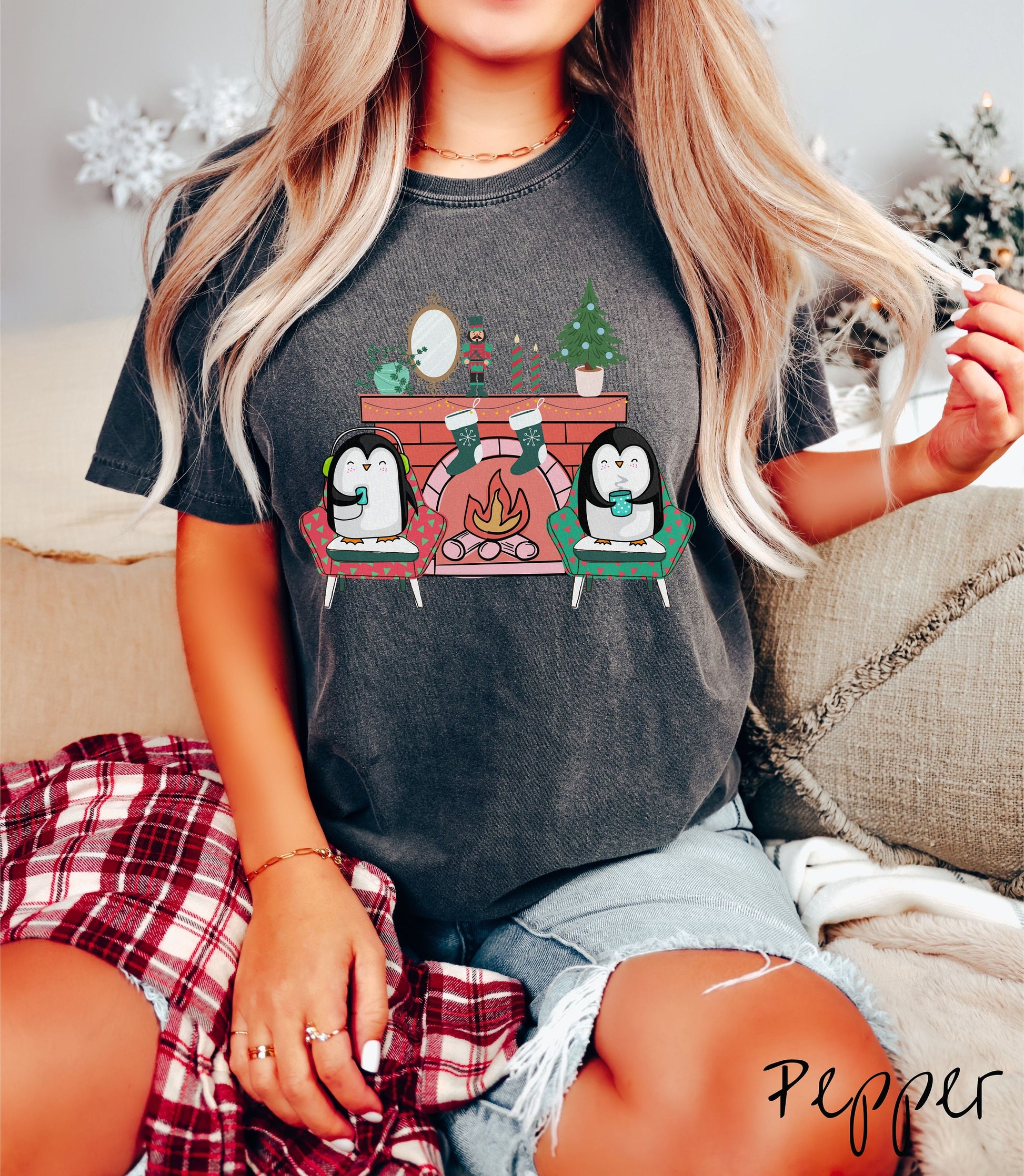 Comfort Colors Shirt, Christmas Penguins Tee, Cozy Fireplace, Christmas Coffee, Holiday Stockings, Cute Christmas, Cozy Christmas