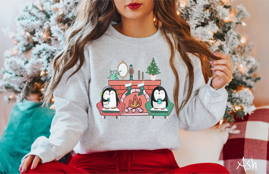 Cozy Christmas Fireplace Penguins, Christmas Penguins Tee, Christmas Coffee, Holiday Stockings, Cute Christmas, Cozy Christmas