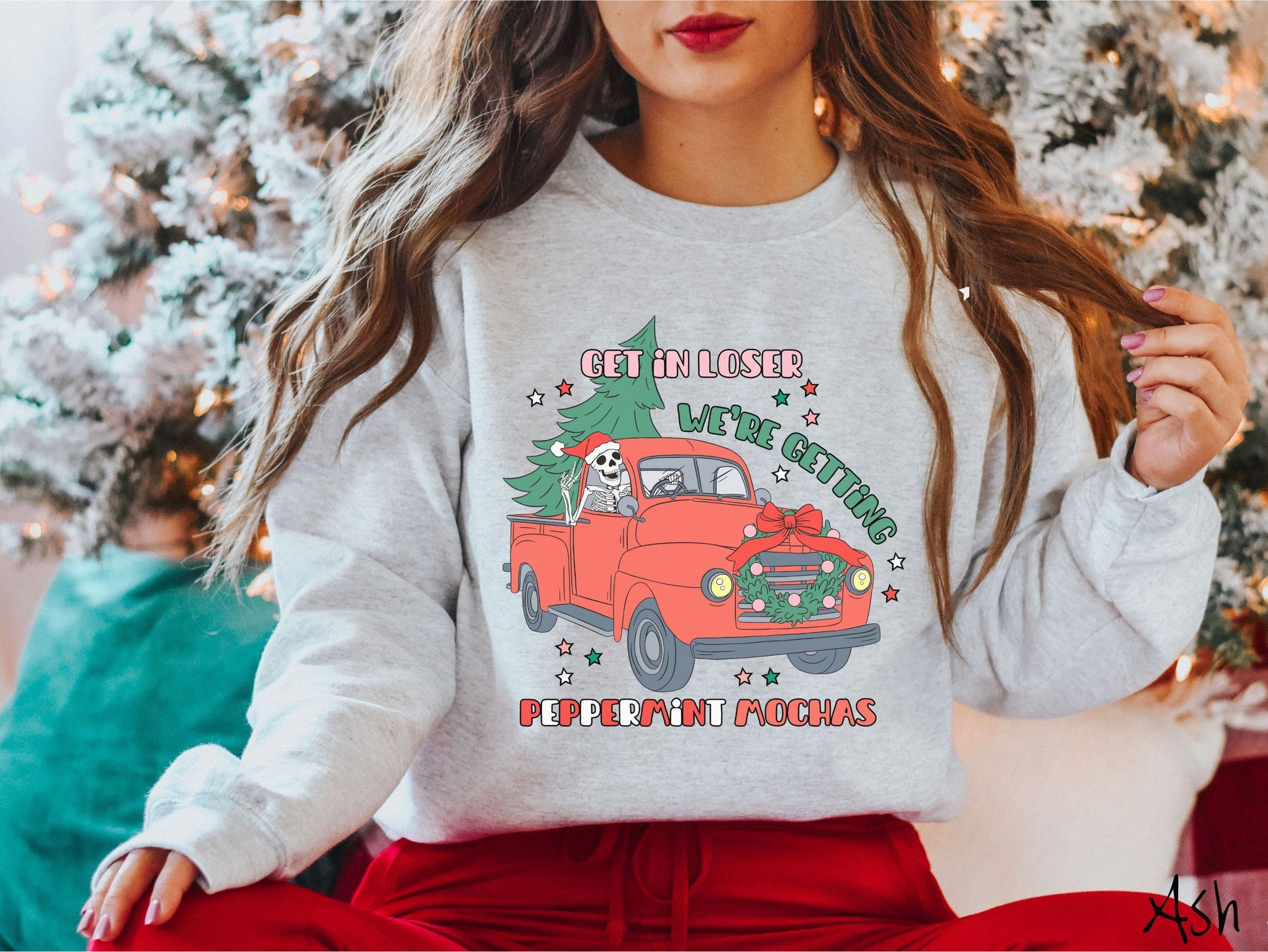 Skeleton Driving Christmas Truck Sweatshirt, Peppermint Mocha Shirt, Festive Skeleton, Skeleton In Santa Hat, Get in Loser Shirt, Gift