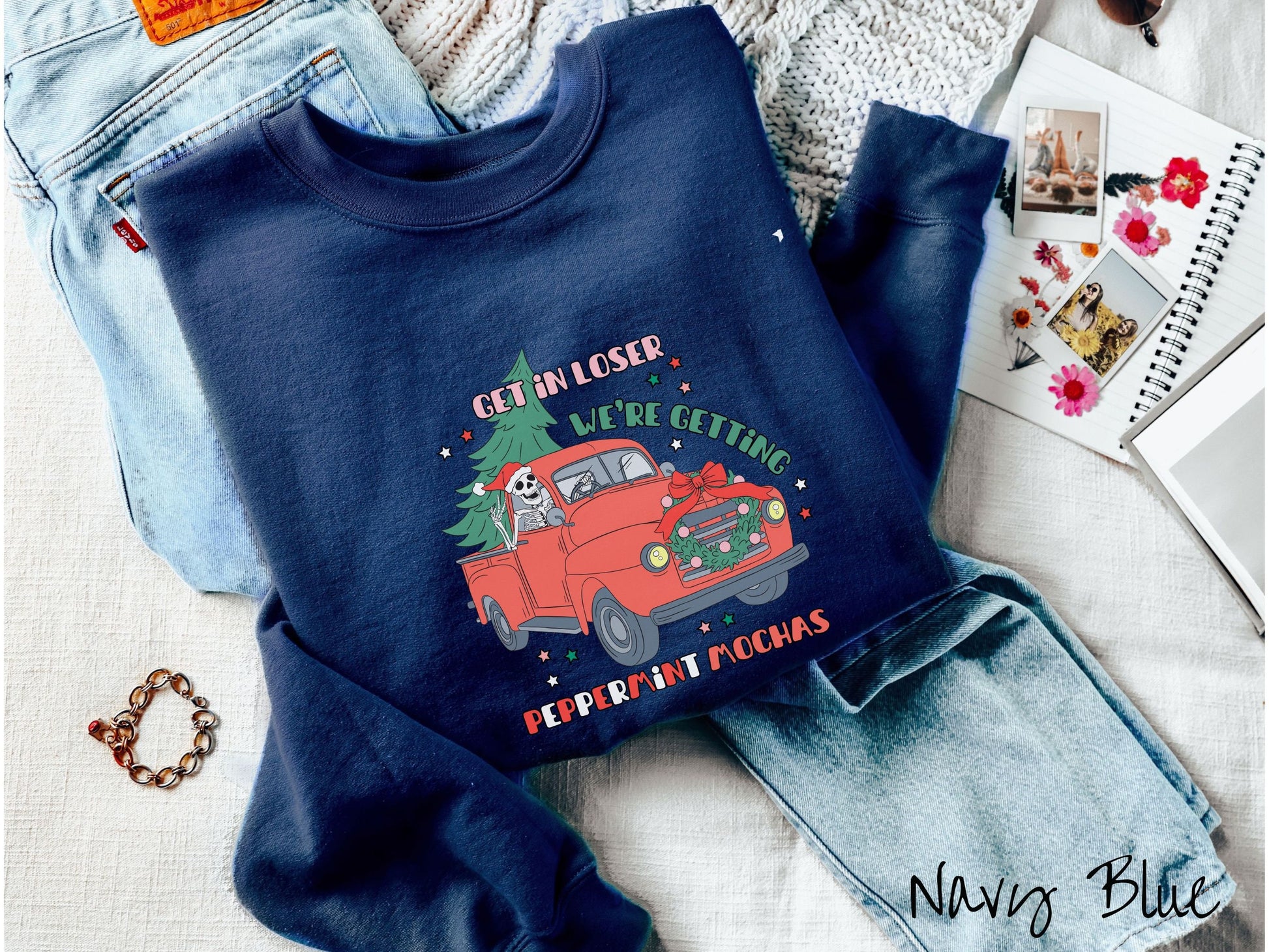 Skeleton Driving Christmas Truck Sweatshirt, Peppermint Mocha Shirt, Festive Skeleton, Skeleton In Santa Hat, Get in Loser Shirt, Gift