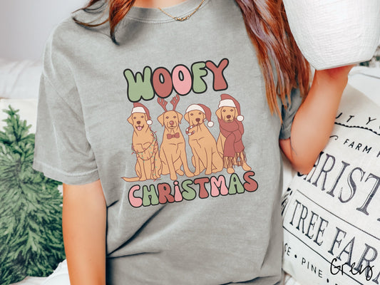 Comfort Colors Shirt, Woofy Christmas Tee, Dog Christmas Shirt, Holiday Tee, Dog Lover Gift, Dogs in Santa Hats, Christmas Puppies