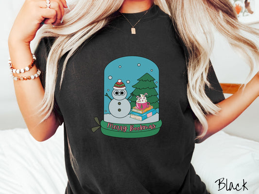 Comfort Colors Shirt, Merry Bookmas Shirt, Bookish Christmas Shirt, Book Lovers Holiday Tee, Retro Book Tee, Snowman Book, Coffee Shirt