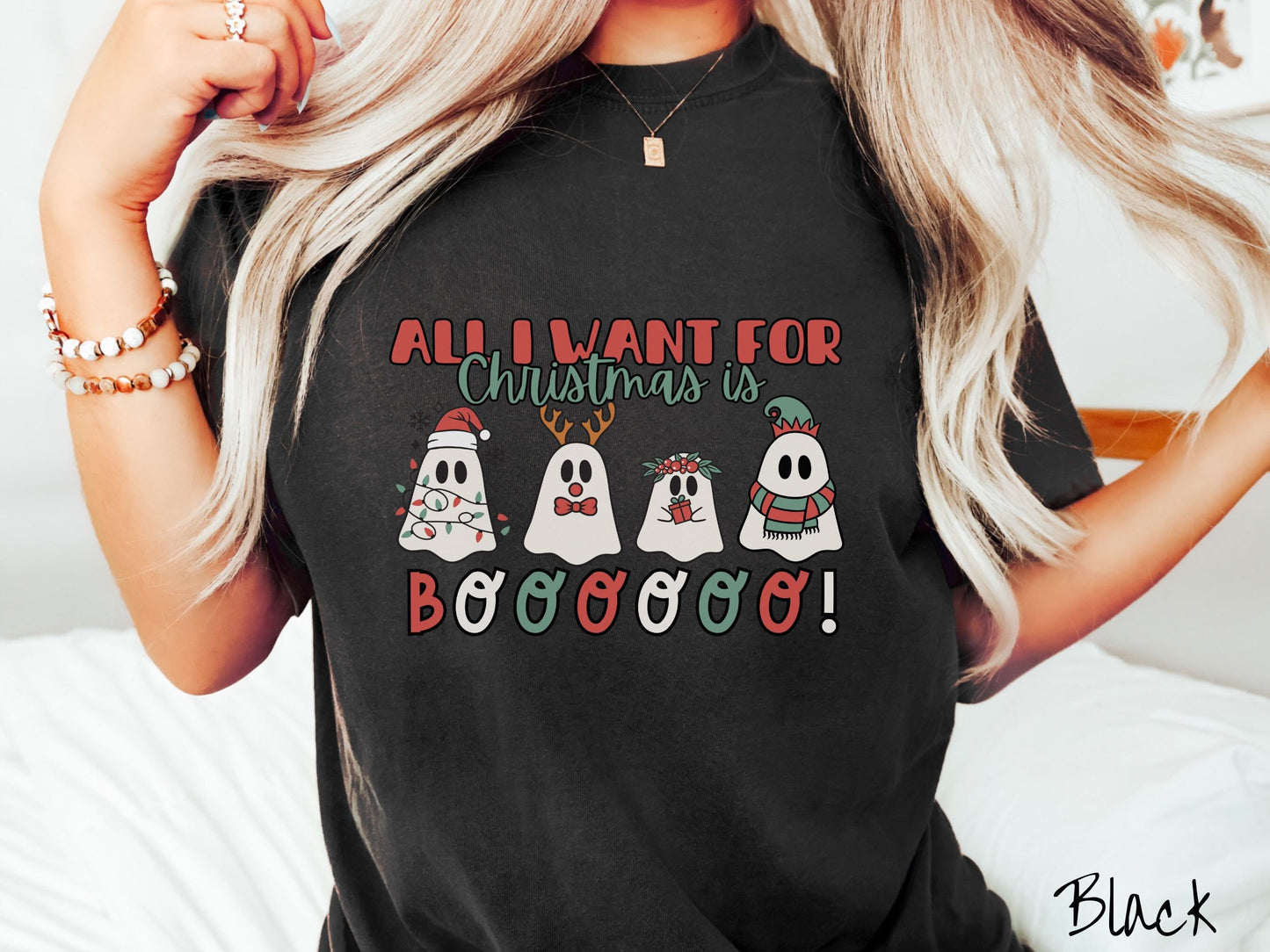 Comfort Colors Shirt, All I Want for Christmas is Boo, Christmas Ghosts, Festive Ghosts, Creepy Holiday Shirt, Spooky and Merry