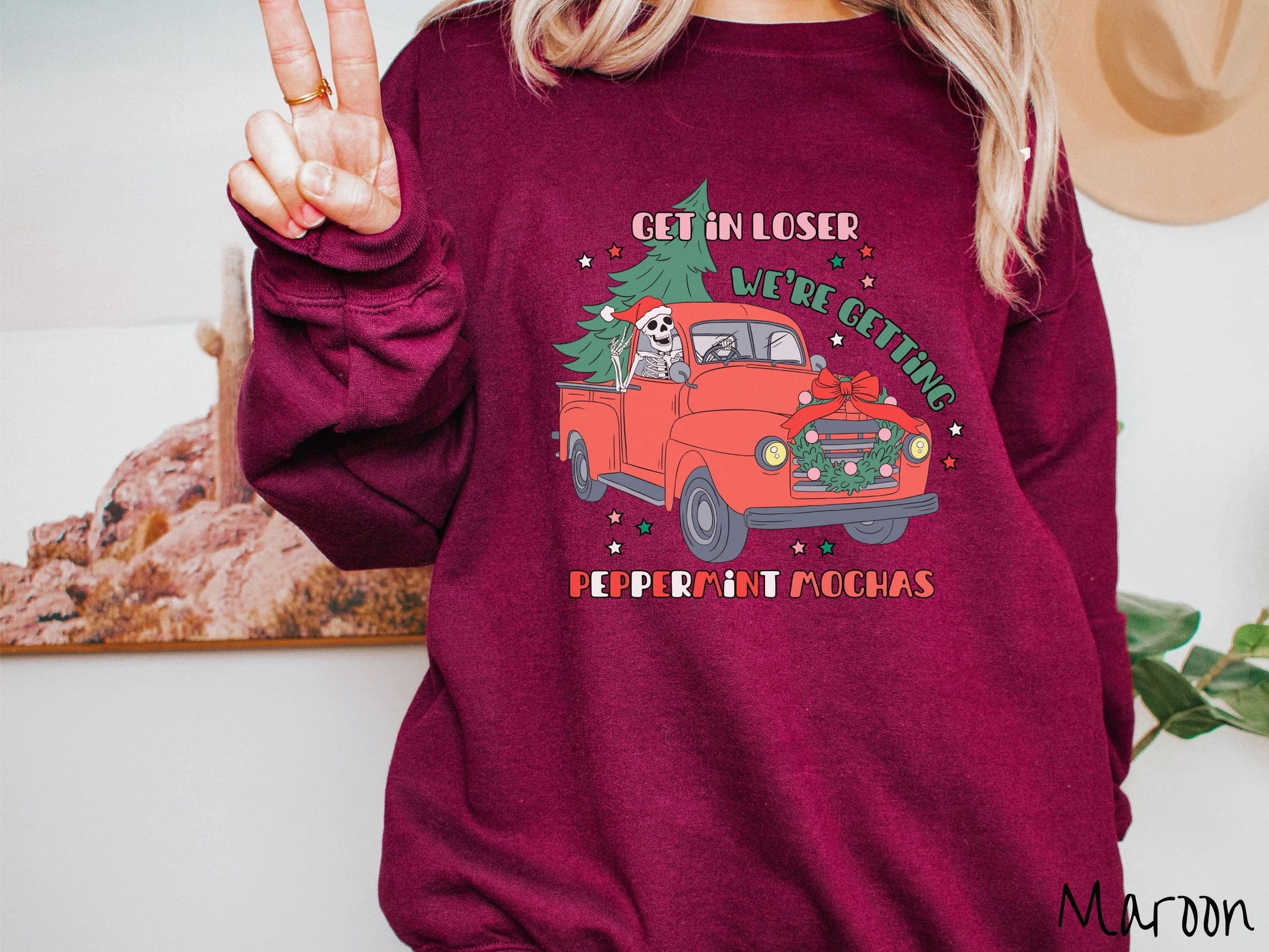 Skeleton Driving Christmas Truck Sweatshirt, Peppermint Mocha Shirt, Festive Skeleton, Skeleton In Santa Hat, Get in Loser Shirt, Gift