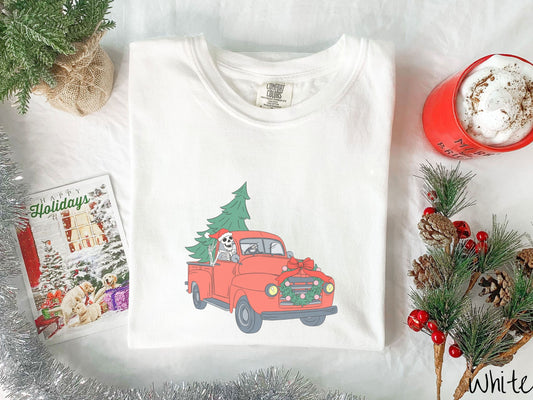 A woman wearing a cute, vintage white colored comfy sweatshirt with a skeleton wearing a Christmas santa hat driving an old red pickup truck with a Christmas tree stuffed into the back, and a wreath across the front bumper.