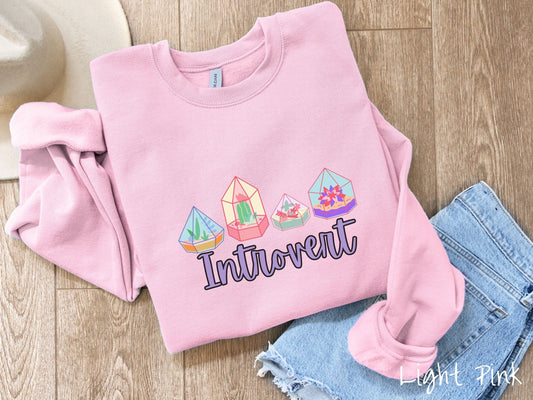A cute, vintage light pink colored comfy sweatshirt with the text Introvert in purple font across the front. Above the text are four colorful plant terrariums with colorful flowers and cacti inside.