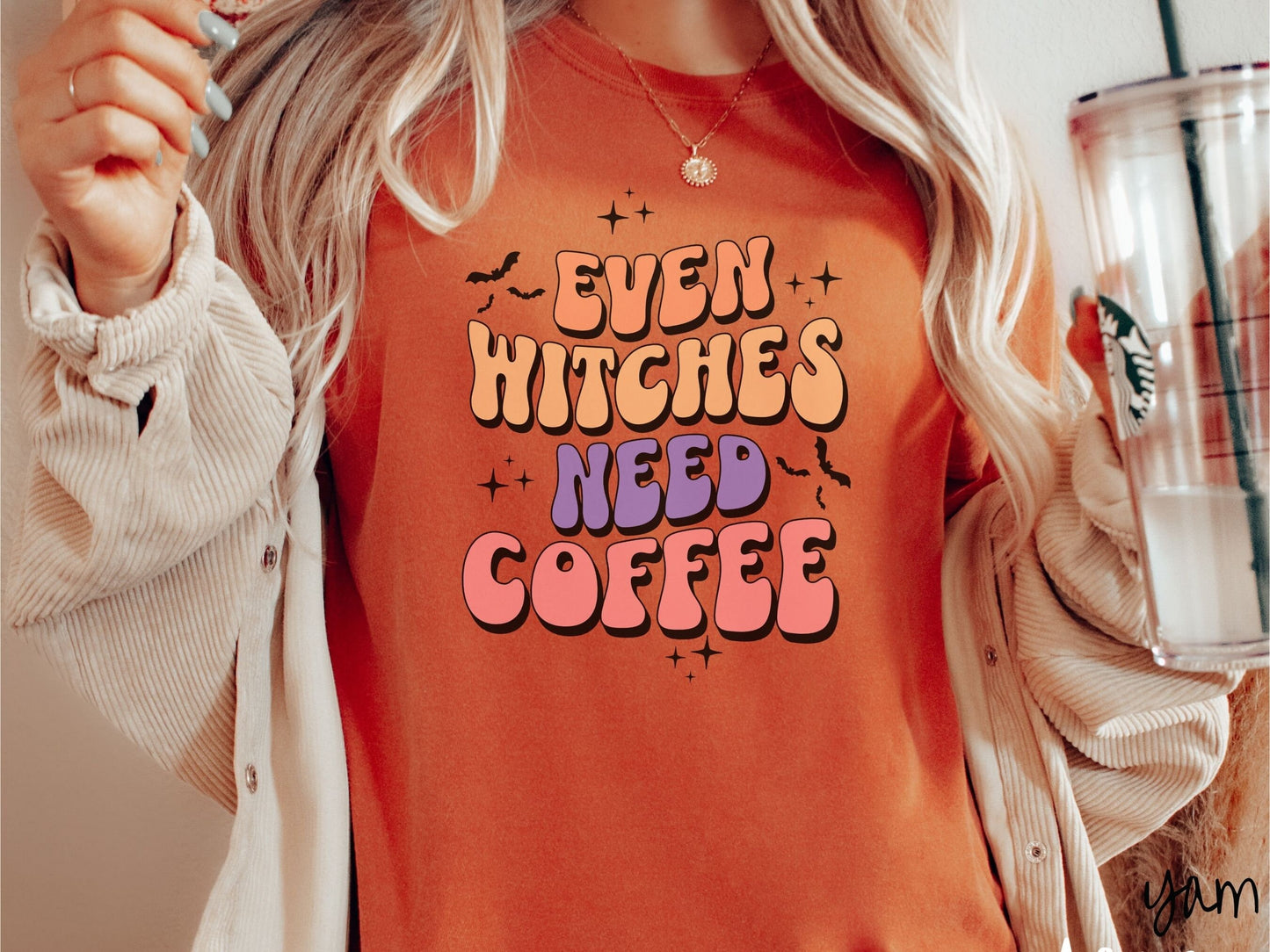 The Even Witches Need Coffee Comfort Colors Shirt, Gift This Halloween Coffee Ghostly Tee to Your Caffeinated Friends!