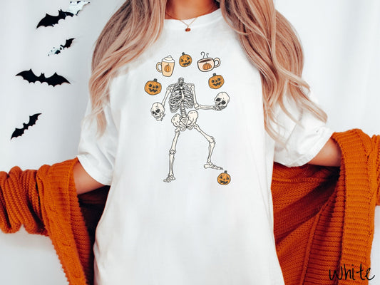 The Coffee Juggling Skeleton Comfort Colors Shirt, Gift This Pumpkin Spiced Latte Skeleton Tee-shirt to a Coffee Afficionado This Halloween!