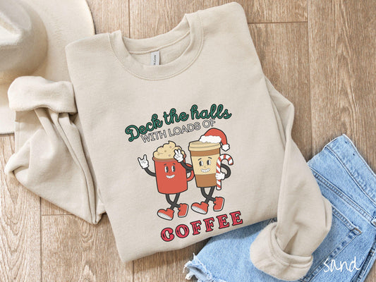 Deck the Halls with Loads of Coffee Sweatshirt, Christmas Retro Coffee Shirt, Candy Cane Coffee Sweater, Funny Holiday Shirt, Coffee Gift