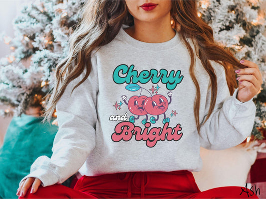 Cherry and Bright Sweatshirt, Christmas Pun Shirt, Cherry Christmas Tee, Fruit Retro Christmas, Groovy Christmas Gift, Cherries Sweater