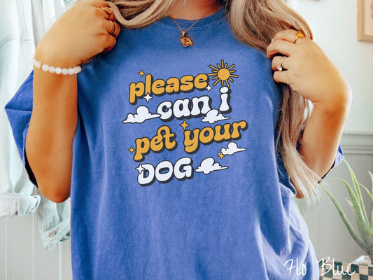 A vintage Comfort Colors t-shirt perfect for dog lovers who just can’t resist asking, “Please, can I pet your dog?” Featuring this fun phrase in orange and white font, this sweatshirt is a must-have for anyone who loves petting every pup they see.