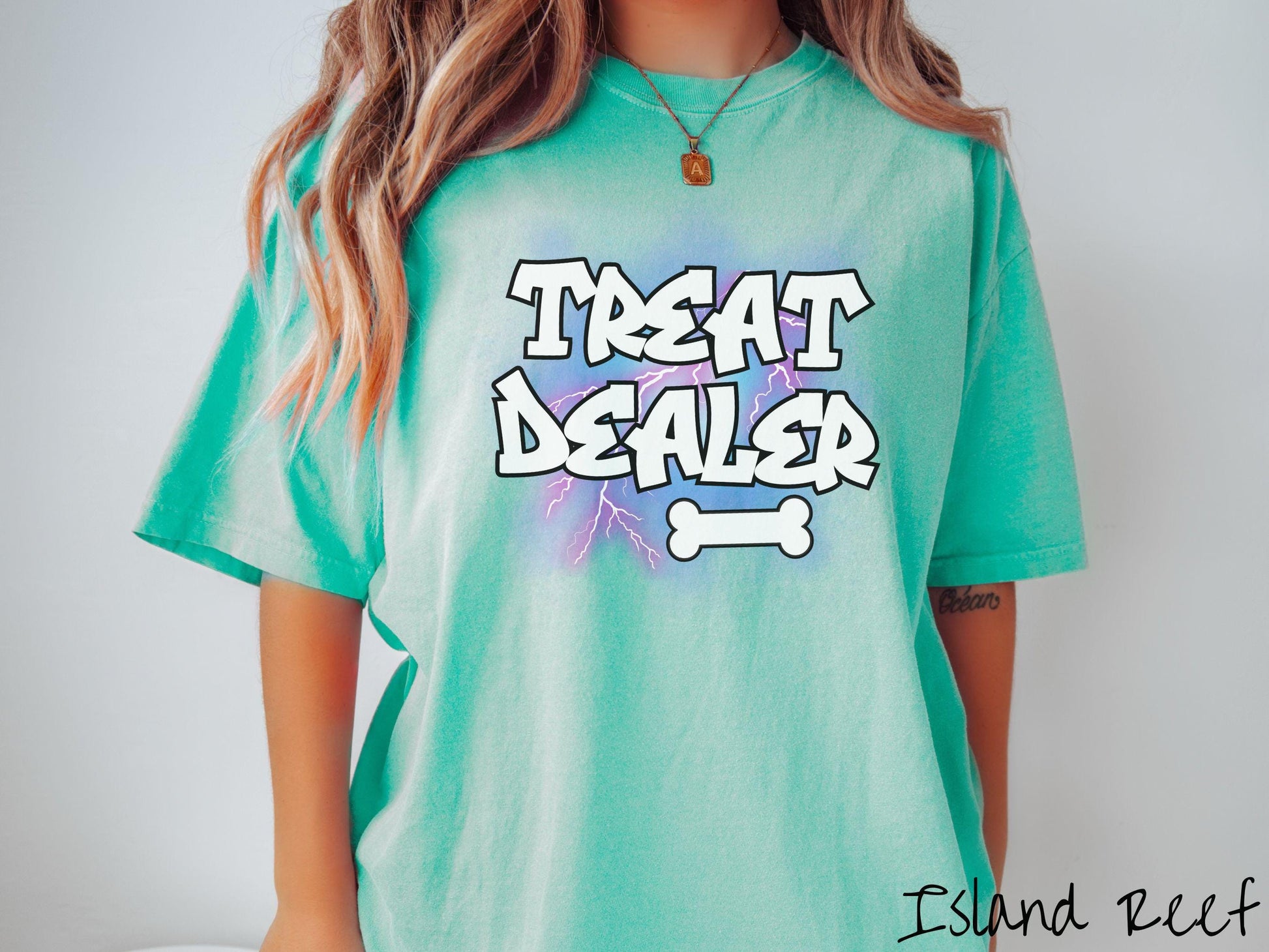 A vintage Comfort Colors t-shirt for dog lovers who always have treats on hand! Featuring the playful text Treat Dealer in graffiti-style white font, this design makes a fun statement for pet parents, dog trainers, and anyone who spoils their pup.