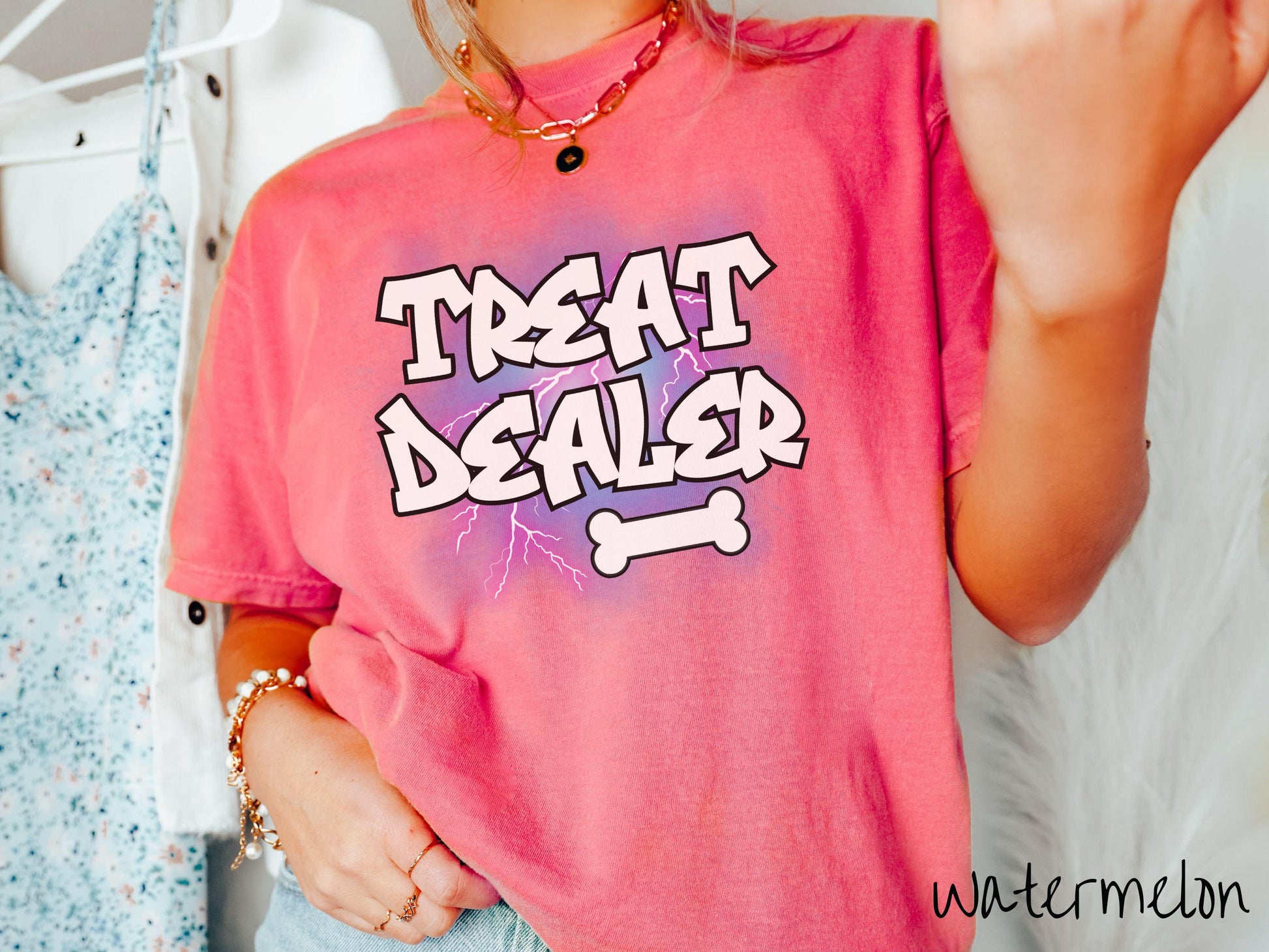 A vintage Comfort Colors t-shirt for dog lovers who always have treats on hand! Featuring the playful text Treat Dealer in graffiti-style white font, this design makes a fun statement for pet parents, dog trainers, and anyone who spoils their pup.