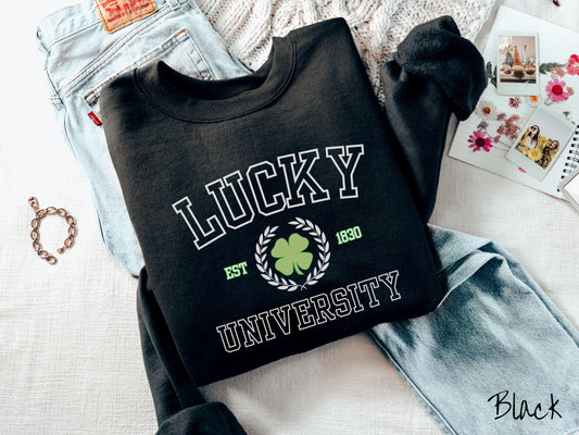 Lucky University St Patrick's Day Sweatshirt, Varsity Style St Patty's Sweater, College St Patrick's Day Shirt, Shamrock Sweater Academic