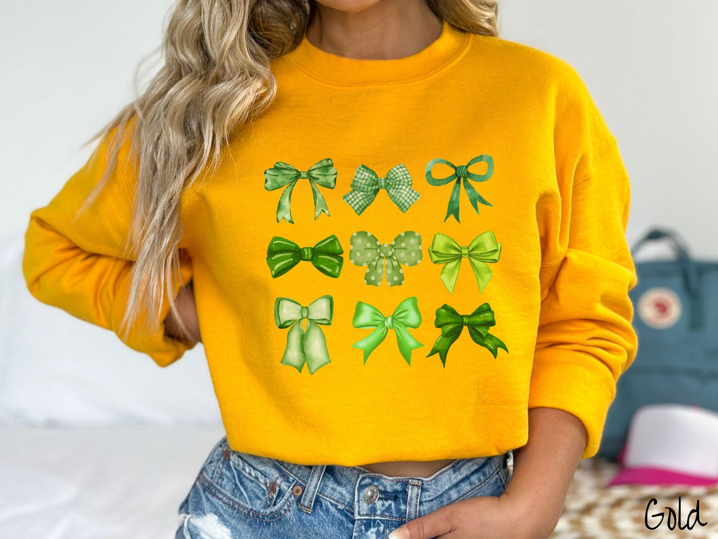 St. Patrick's Day Bow Grid Sweatshirt, Coquette Bows Green, St Patty's Day Girly Sweater, Fun Ribbons Bows Shirt, Irish Sweatshirt