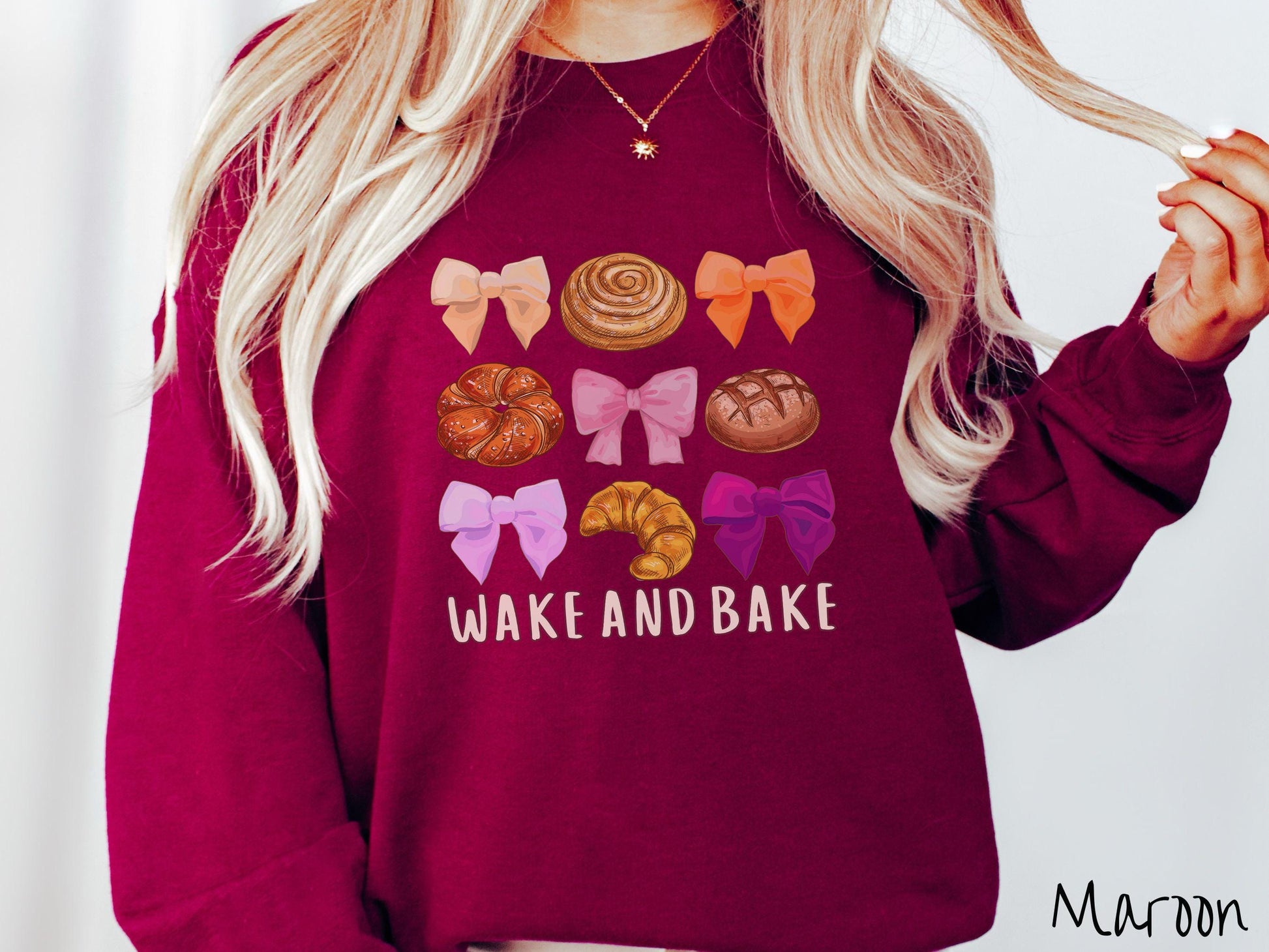 The Coquette Wake and Bake Sourdough Bow Grid Sweatshirt, Baked Goods Sweater, Fun Girly Foodie Gift, Pun Shirt, Sourdough Starter