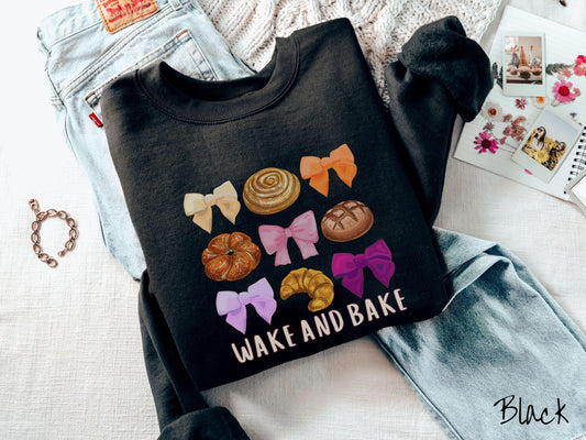 The Coquette Wake and Bake Sourdough Bow Grid Sweatshirt, Baked Goods Sweater, Fun Girly Foodie Gift, Pun Shirt, Sourdough Starter