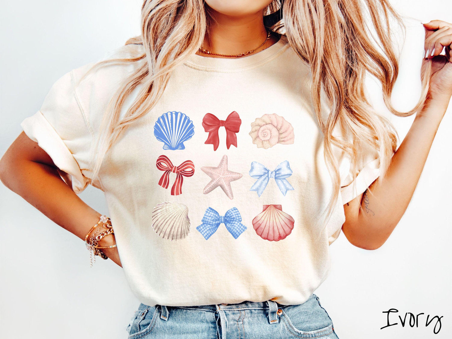 The USA Coastal Coquette Grid Comfort Colors Shirt, Summer Tee, Nautical Tee-Shirt, Fourth of July Shirt