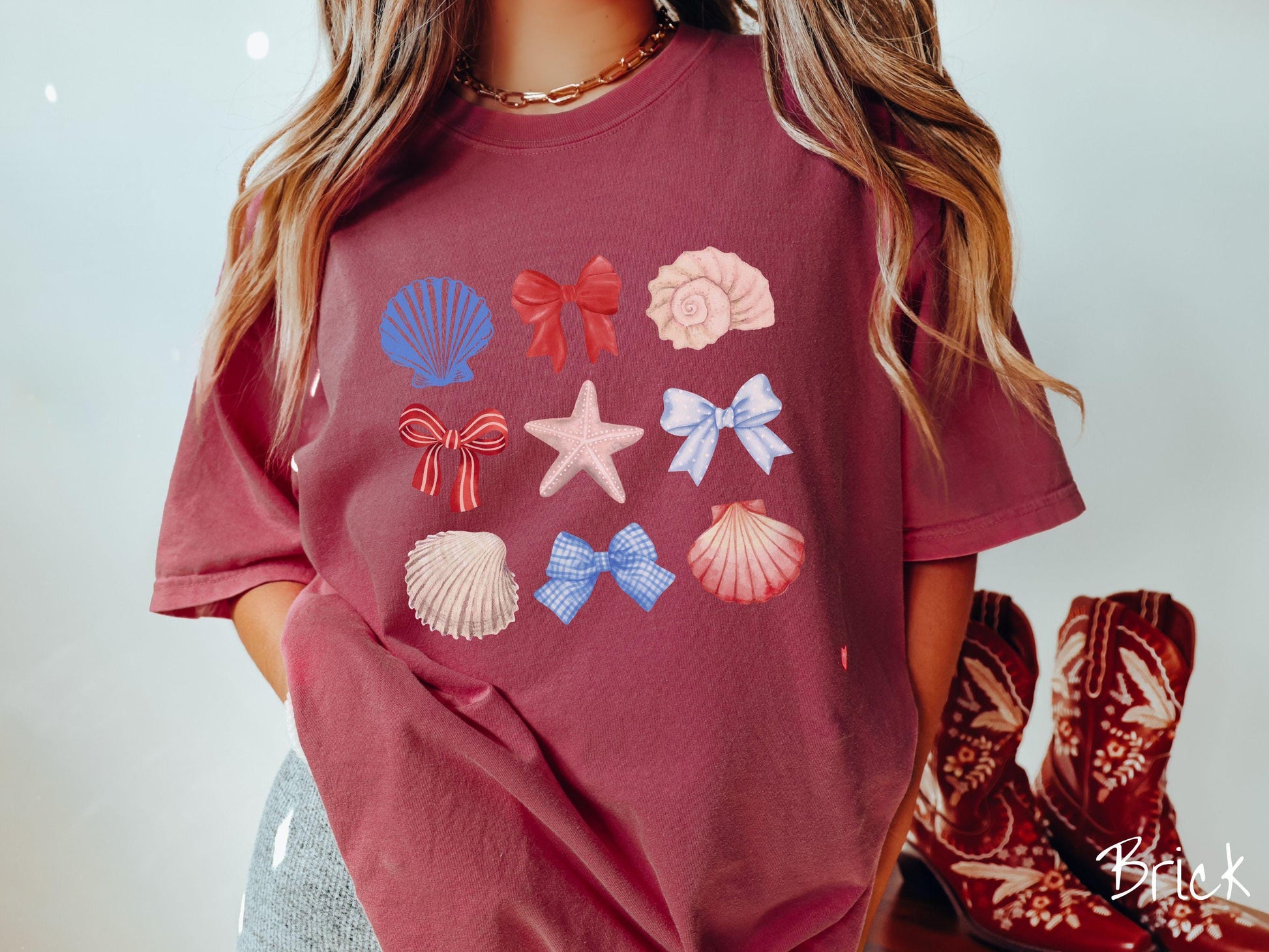 The USA Coastal Coquette Grid Comfort Colors Shirt, Summer Tee, Nautical Tee-Shirt, Fourth of July Shirt