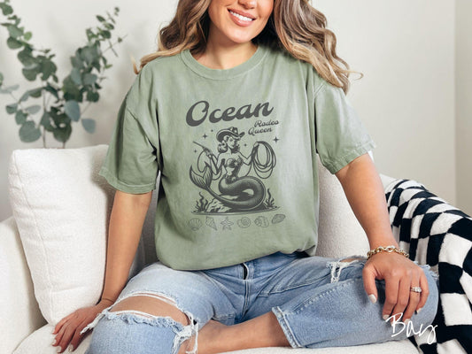The Vintage Ocean Rodeo Queen Comfort Colors Shirt, Cowboy Mermaid Tee, Nautical Tee-Shirt, Western Nautical Shirt