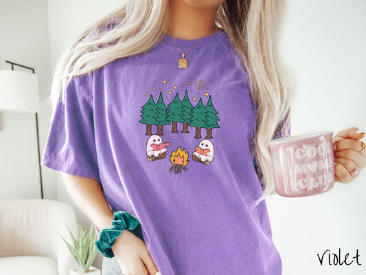 The Ghosts Reading Comfort Colors Shirt, Camping Ghost Tee, Camp Halloween Shirt, Cute Spooky Tee, Camping Gift Halloween