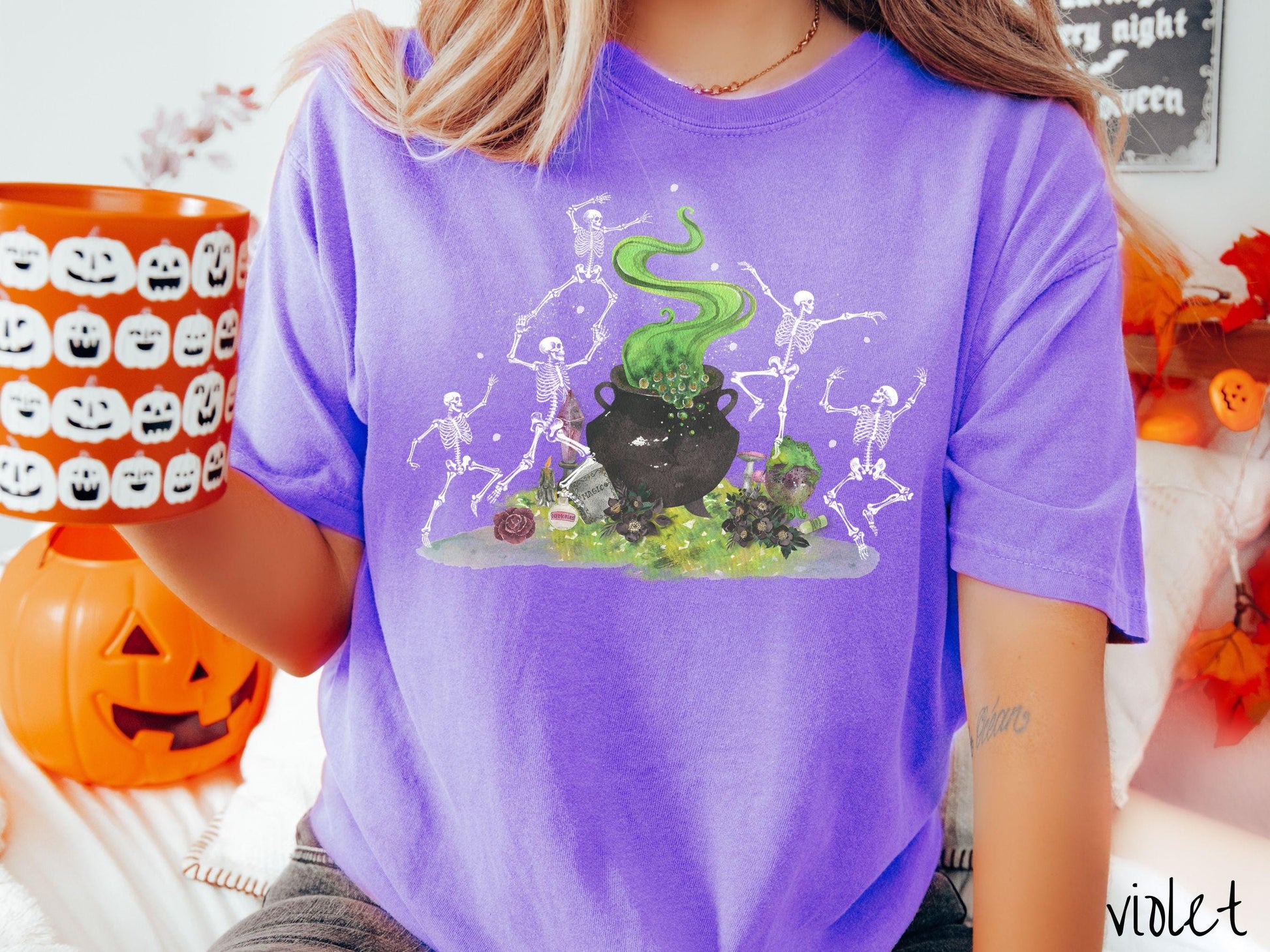 The Witchy Dancing Skeletons Comfort Colors Shirt, Witch Cauldron Potion Tee, Fall Leaves, Cute Spooky Tee, Spooky Fall Shirt