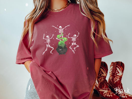 The Vintage Dancing Skeletons Cauldron Comfort Colors Shirt, Skeleton Lover Tee, Gothic Skeletons Shirt, Cute Spooky Tee, Halloween Gift
