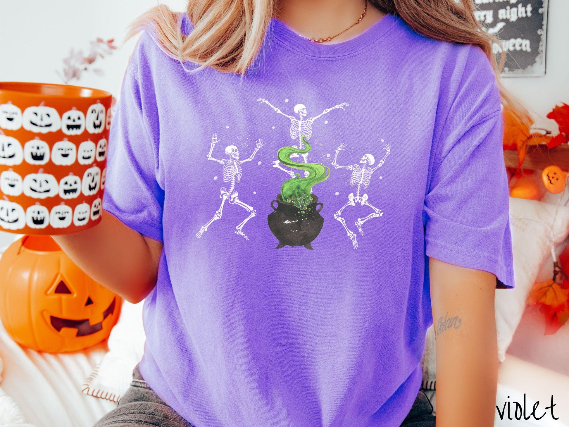 The Vintage Dancing Skeletons Cauldron Comfort Colors Shirt, Skeleton Lover Tee, Gothic Skeletons Shirt, Cute Spooky Tee, Halloween Gift