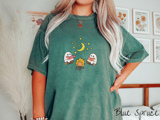 The Cozy Ghosts Reading Comfort Colors Shirt, Camping Ghost Tee, Camp Halloween Shirt, Cute Spooky Tee, Camping Gift Halloween