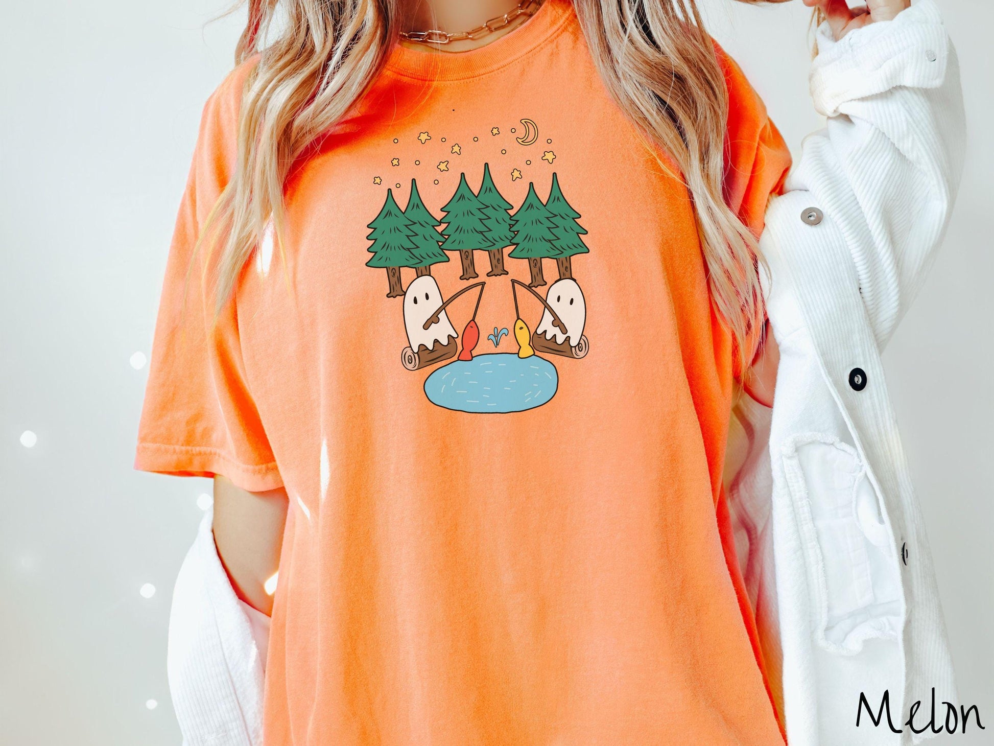 The Ghosts Fishing Forest Comfort Colors Shirt, Camping Ghost Tee, Camp Halloween Shirt, Cute Spooky Tee, Camping Gift Halloween