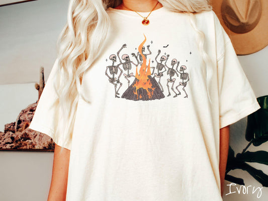 Vintage Dancing Skeletons Bonfire Comfort Colors Shirt, Camping Ghost Tee, Gothic Skeletons Shirt, Cute Spooky Tee, Camping Gift Halloween