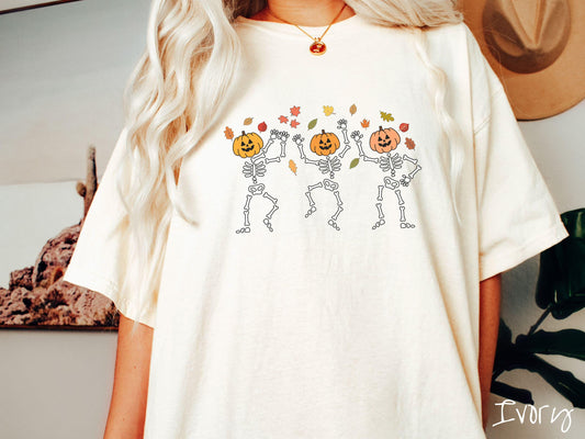 The Cozy Fall Dancing Skeletons Comfort Colors Shirt, Camping Ghost Tee, Fall Leaves, Cute Spooky Tee, Spooky Fall Shirt